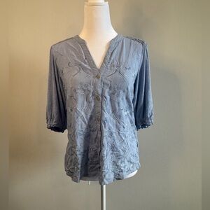 Democracy Light Blue Embroidered V-Neck Button Front Women’s Top